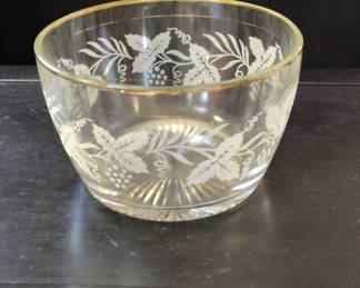 Bartlett Collins Glass Bowl with Grapes and Leaf Etching and Gold Rim