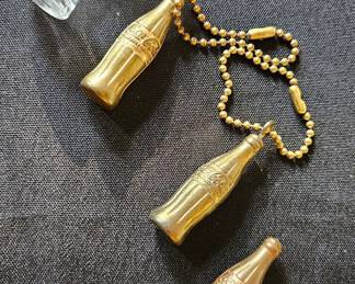 Set of 3 Vintage Coca-Cola Brass Bottle Keychains with Miniature Glass Bottle