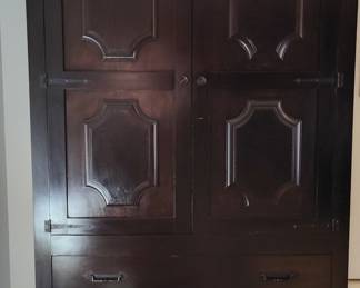 Antique Dark Wood Linen Press with Decorative Top