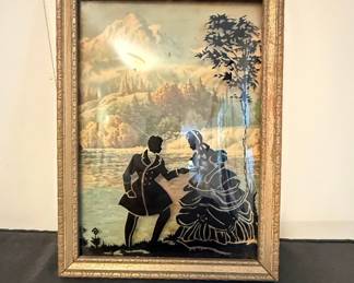 Victorian Reverse Painted Convex Bubble Glass Silhouette