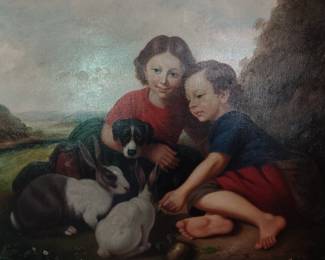 Oil Painting of Two Children with Animals