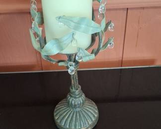 Metal Taper Candle Holder with Faux Crystal Dangles and Leaf Design