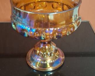 Indiana Glass King's Crown Thumbprint Amber Carnival Glass Footed Compote
