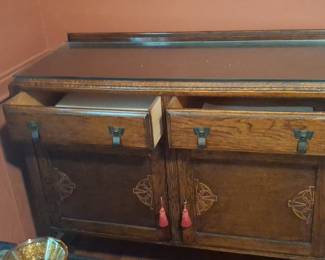 Antique Carved Oak Sideboard with Glass Top