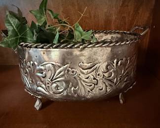Ornate Silver-Plated Footed Bowl with Handles and Repoussé Floral Motifs