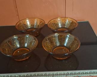 Tiara Sandwich Amber Glass Footed Bowls Set of 4