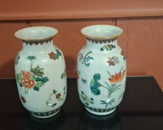 Pair of Chinese Famille Rose Crackle Glaze Vases with Floral and Insect Motifs