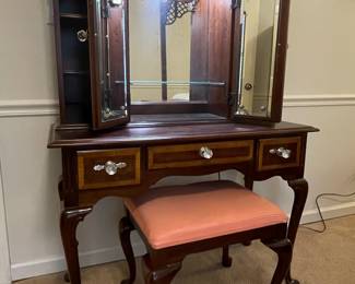 Vintage Queen Anne Style Vanity Table with Tri-Fold Mirror and Stool