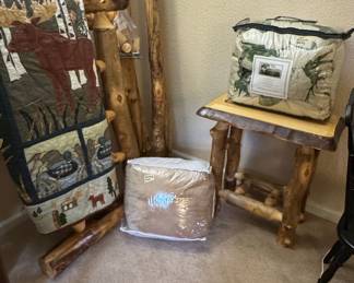 Log Bed Frame with Moose and Duck Themed Quilt and Camouflage Comforter Set