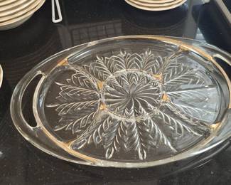 Jeannette "Feather" Pattern Glass Relish Tray with Gold Trim
