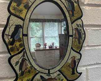Folk Art Bird Motif Reverse-Painted Glass Mirror
