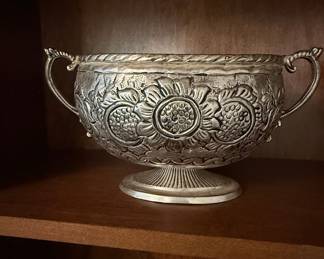 Antique Silver-Plated Footed Bowl with Handles and Repoussé Floral Design