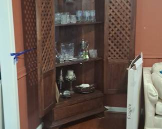 Vintage Wooden Bar Cabinet with Lattice Doors and Wine Glass Rack