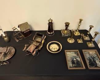 Collection of Decorative Metal Objects and Framed Silhouettes