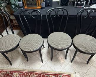 Set of 4 Thonet Style Bentwood Chairs with Gingham Upholstery