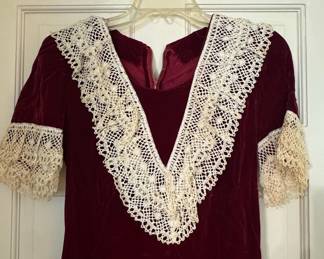 Vintage Jessica McClintock Burgundy Velvet Dress with Lace Trim
