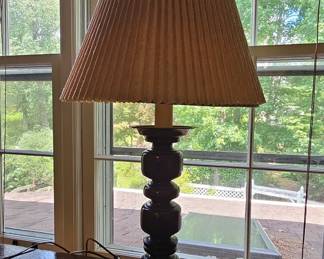 Vintage Dark Wood and Brass Table Lamp with Pleated Shade