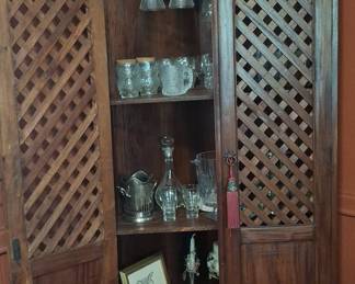 Vintage Wooden Bar Cabinet with Lattice Doors