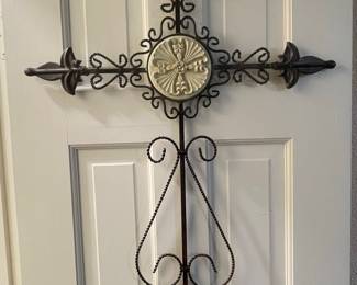 Ornate Wrought Iron Wall Cross with Ceramic Medallion