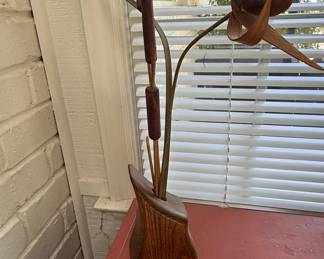 Mid-Century Modern Wood and Metal Cattail Sculpture