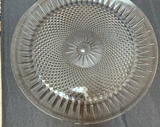 Pressed Glass Cake Plate with Starburst and Diamond Pattern