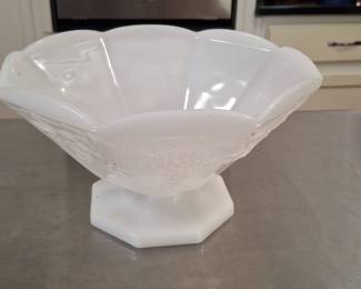 Anchor Hocking White Milk Glass Footed Compote Bowl with Grapevine Motif