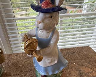 Vintage Ceramic Bunny with Watering Can Figurine