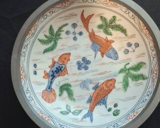 Vintage Chinese Porcelain Plate with Koi Fish Motif and Pewter Rim