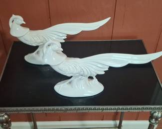 Pair of White Ceramic Pheasant Figurines by Maddux of California