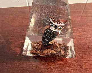 Unique Canada Hand Carved and Painted Great Horned Owl in Lucite Paperweight