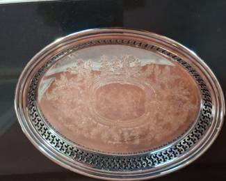 Ornate Silver-Plated Oval Tray with Pierced Border and Acanthus Leaf Motifs