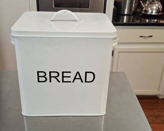 White Enameled Metal Bread Box with Black "BREAD" Lettering