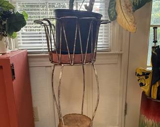 Vintage Wrought Iron Plant Stand with Wood Slice Seat