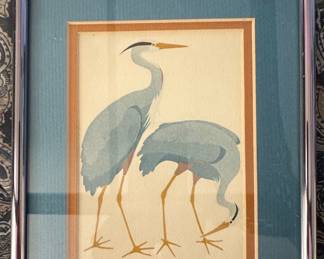 Watercolor Painting of Two Herons by W. Morgan, 1979