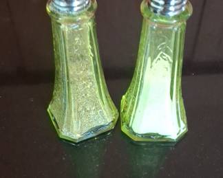 Hazel Atlas "Princess" Uranium Green Depression Glass Salt and Pepper Shakers