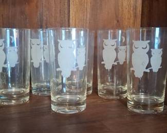 Vintage Etched Owl & Moon Highball Glasses