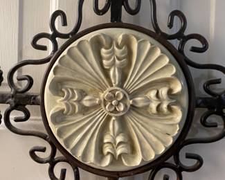 Ornate Wrought Iron Wall Cross with Ceramic Medallion