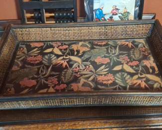 Vintage Wicker and Tropical Print Serving Tray