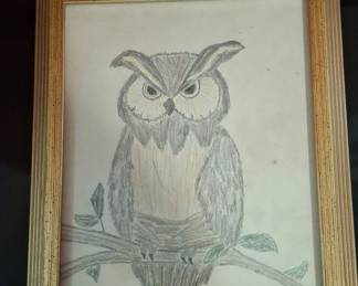 Framed Owl Drawing by Nellie R. Davenport