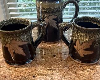 Alewine Pottery Leaf Motif Mugs and Pitcher Set