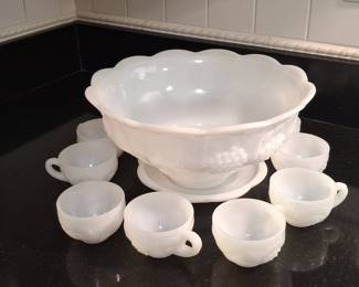 Anchor Hocking Milk Glass Harvest Grape Punch Bowl Set