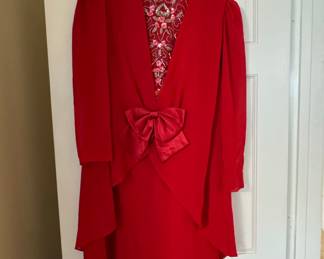 Red Beaded V-Neck Evening Dress with Bow Detail