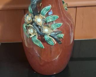 Majolica Style Ceramic Vase with Floral Appliqué