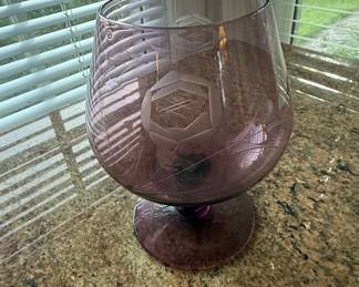 Amethyst Glass Brandy Snifter with Etched Geometric Design