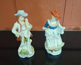 Pair of Porcelain Figurines - Musician and Harpist, Colonial Style