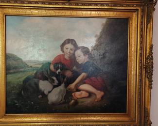 Oil Painting of Two Children with Animals