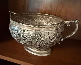 Antique Silver-Plated Footed Bowl with Handles and Repoussé Floral Design