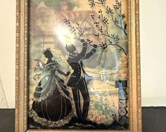 Reverse Painted Silhouette on Convex Glass - Courting Couple in Garden