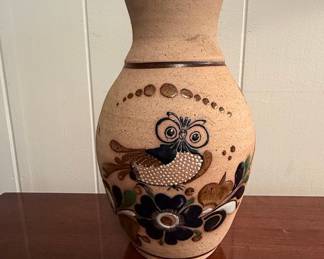 Vintage Tonala Mexican Pottery Vase with Owl and Floral Motif