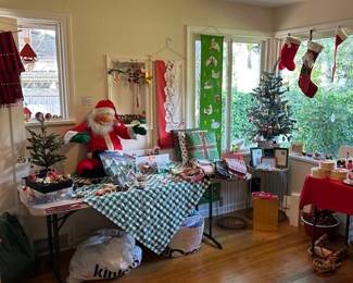 Christmas in July! A room full of Christmas decor; including a set of vintage Spode mugs, several Annilee Santa and Mrs. Claus figures, ornaments, and more!